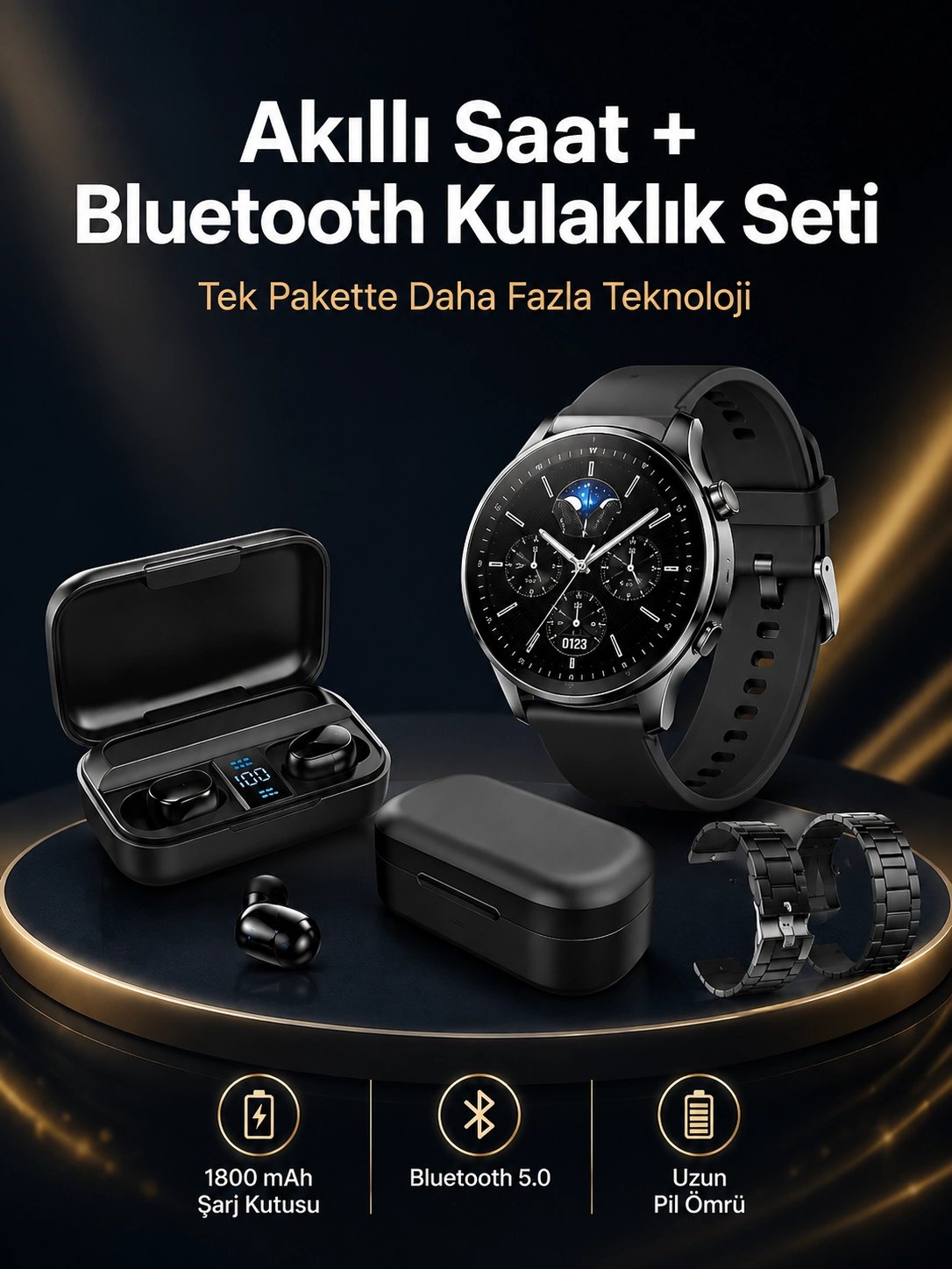Kablosuz Bluetooth Kulaklık ve Kordon Hediyeli Akıllı Saat Nabız Ölçer Uzun Pil Ömrü