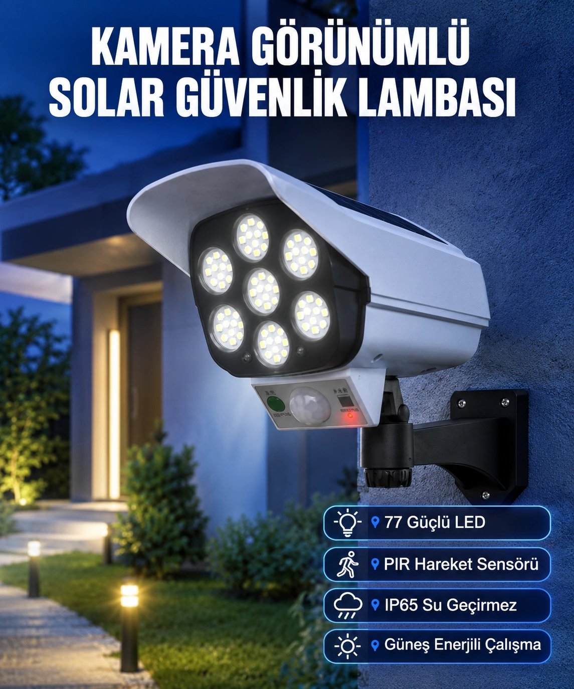 Kablosuz, Güneş Paneliyle Şarj Olan Dış Mekan Lambası – 8-10 Saat Aydınlatma Süresi