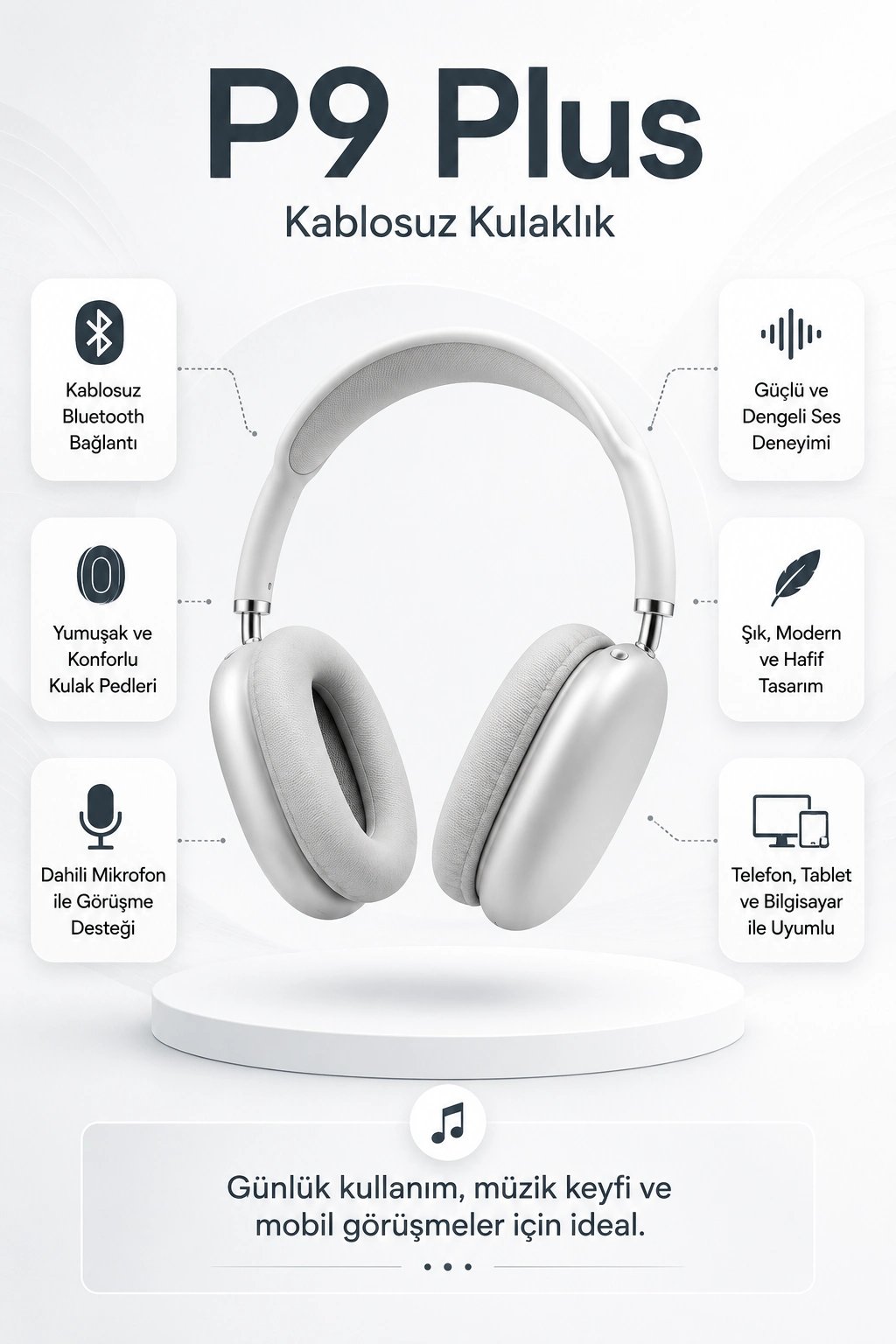 Kablosuz Kulak Üstü Bluetooth Kulaklık Katlanabilir Tasarım Uzun Süreli Kullanım