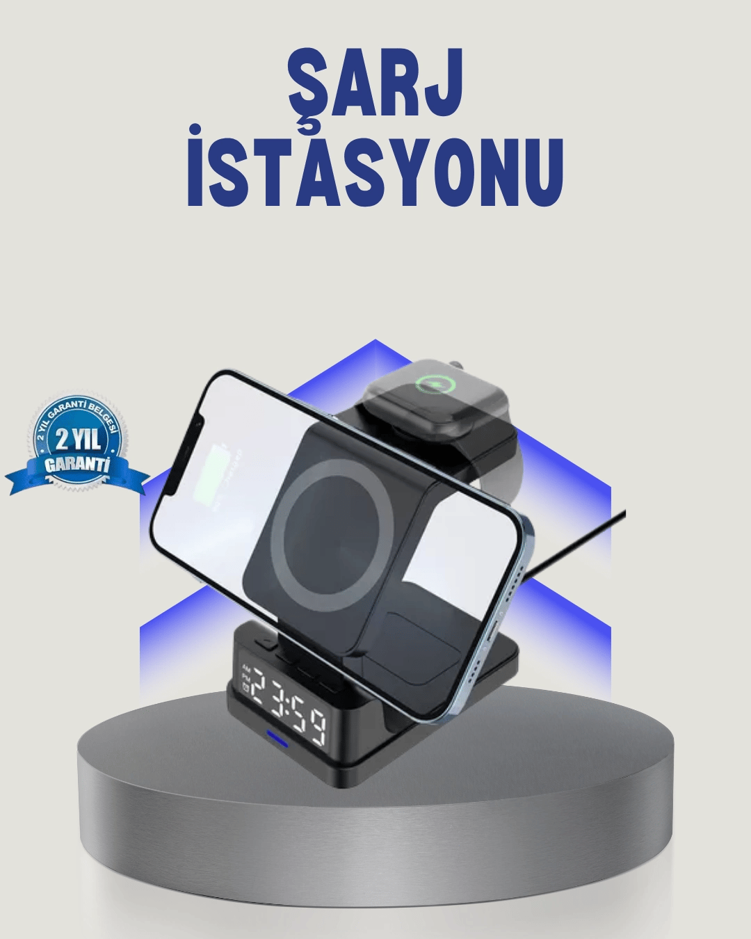 Kablosuz Şarj Cihazı ve Dijital Saat 4’ü 1 Arada Hızlı Şarj, LED Işıklı Tasarım