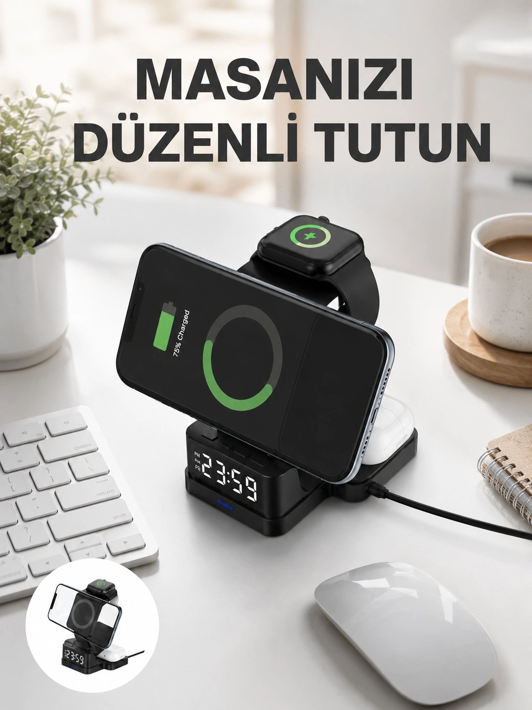 Kablosuz Şarjlı Dijital Masa Saati – 3 Parlaklık Seviyeli LED, Hızlı Şarj, Apple Uyumlu Yeni Nesil