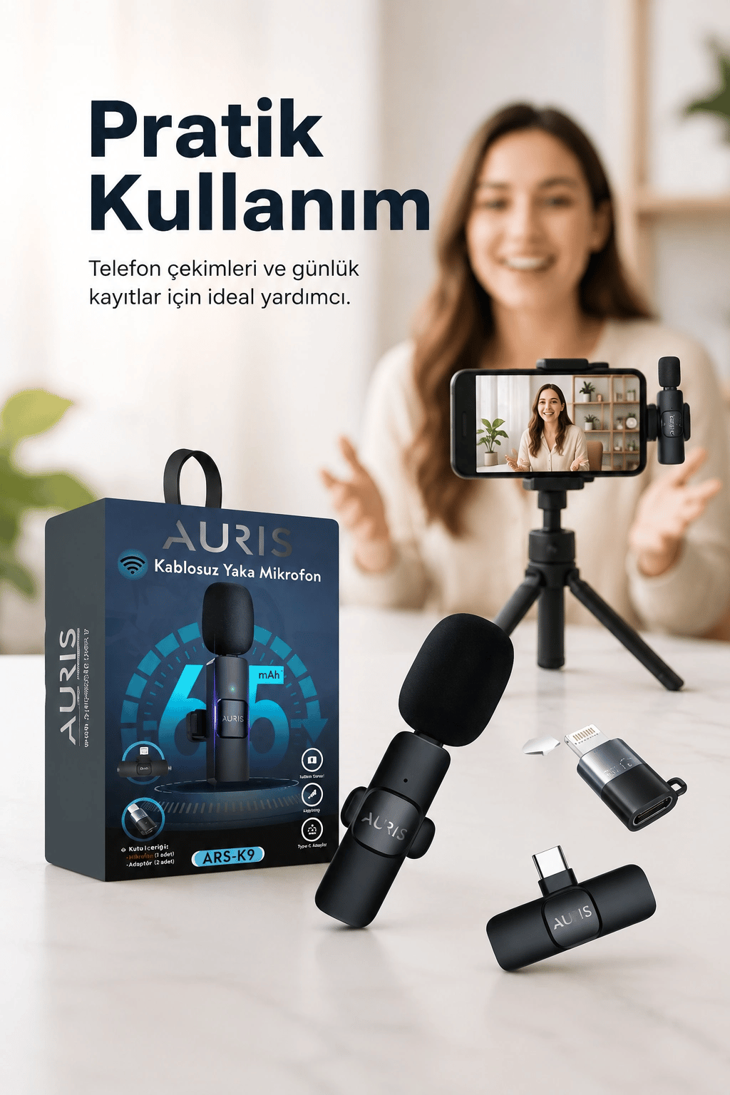 Kablosuz Yaka Mikrofonu Telefon İçin USB-C Lightning Adaptörlü Kompakt Kayıt Cihazı