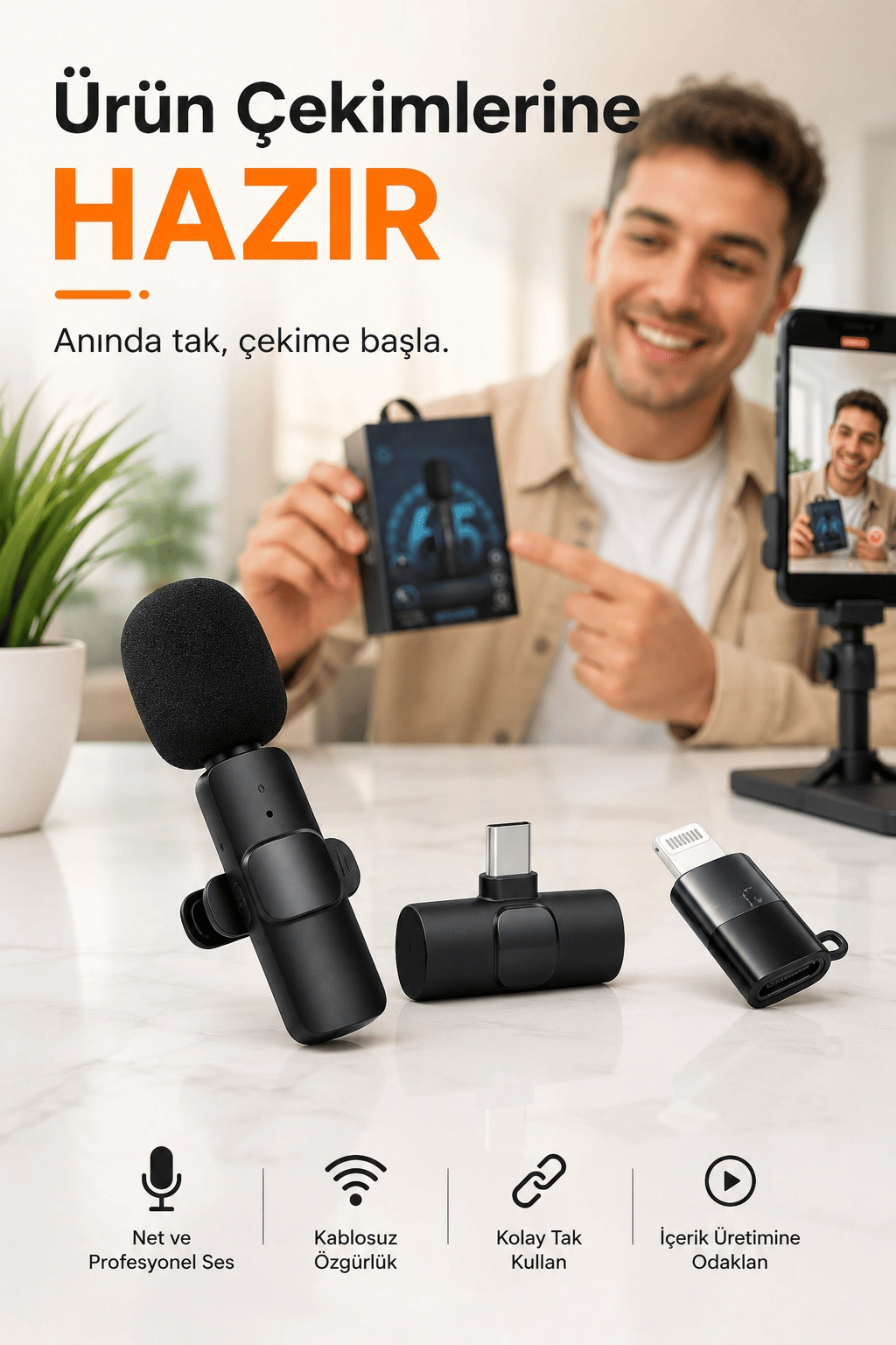 Kablosuz Yaka Mikrofonu USB-C Lightning Uyumlu Tak Çalıştır Telefon Video Ses Kayıt Seti