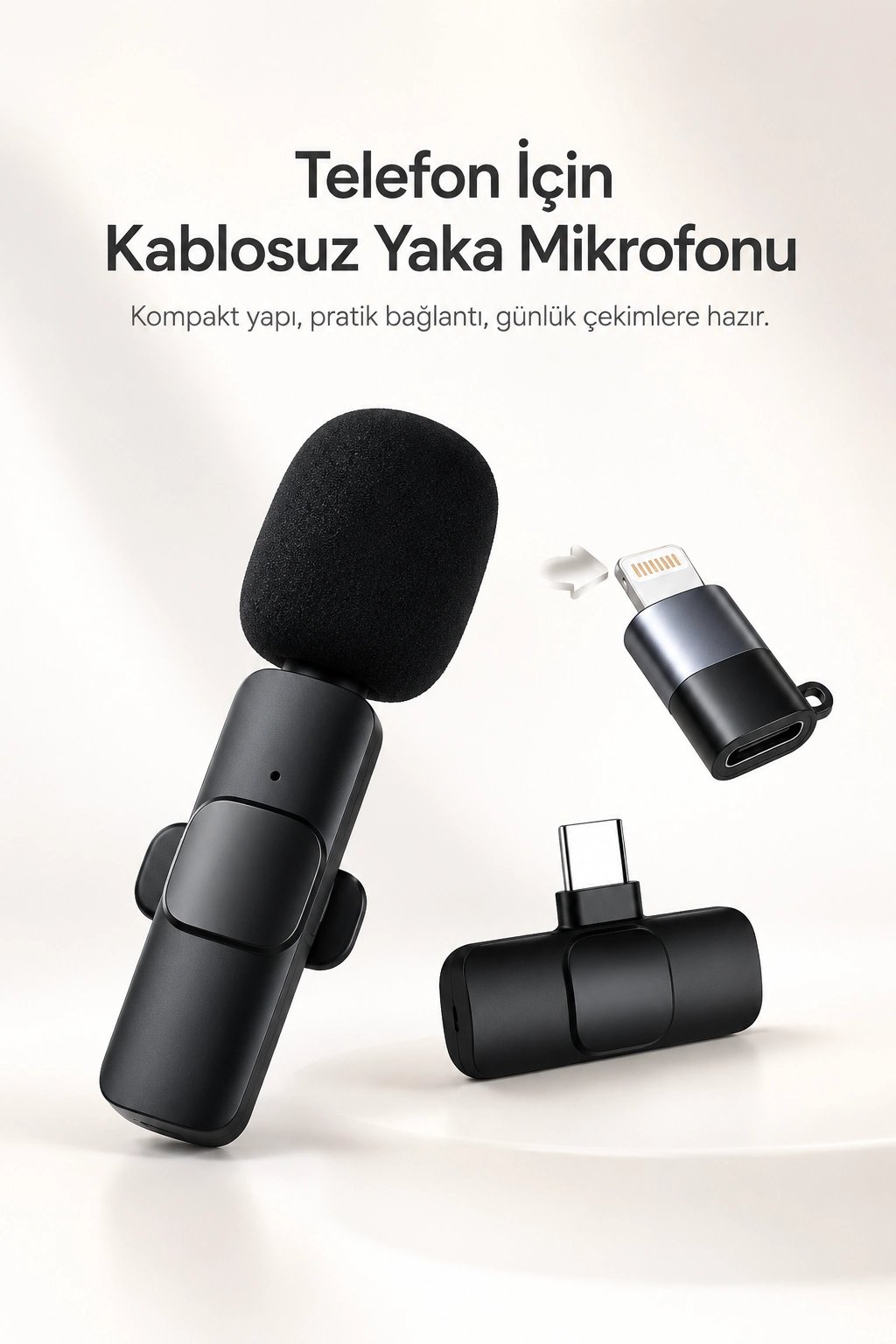 Kablosuz Yaka Mikrofonu USB-C ve Lightning Uyumlu Tak Çalıştır Telefon Kayıt Mikrofonu