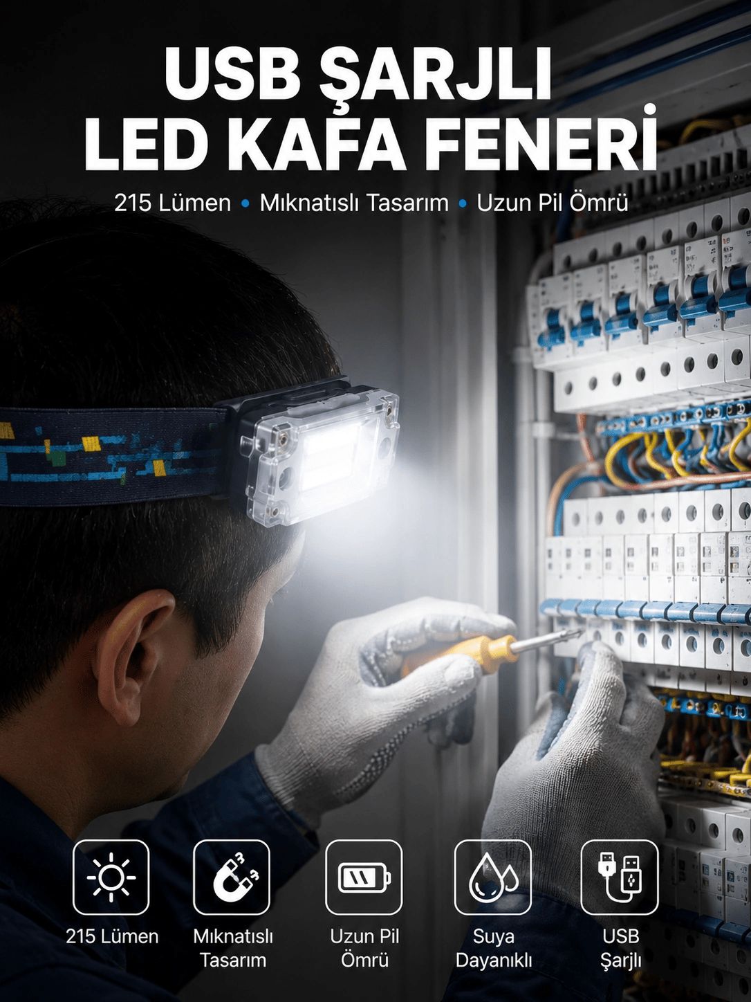 Kafa Lambası Led Fener Pratik Taşınabilir Ayarlanabilir USB Şarjlı