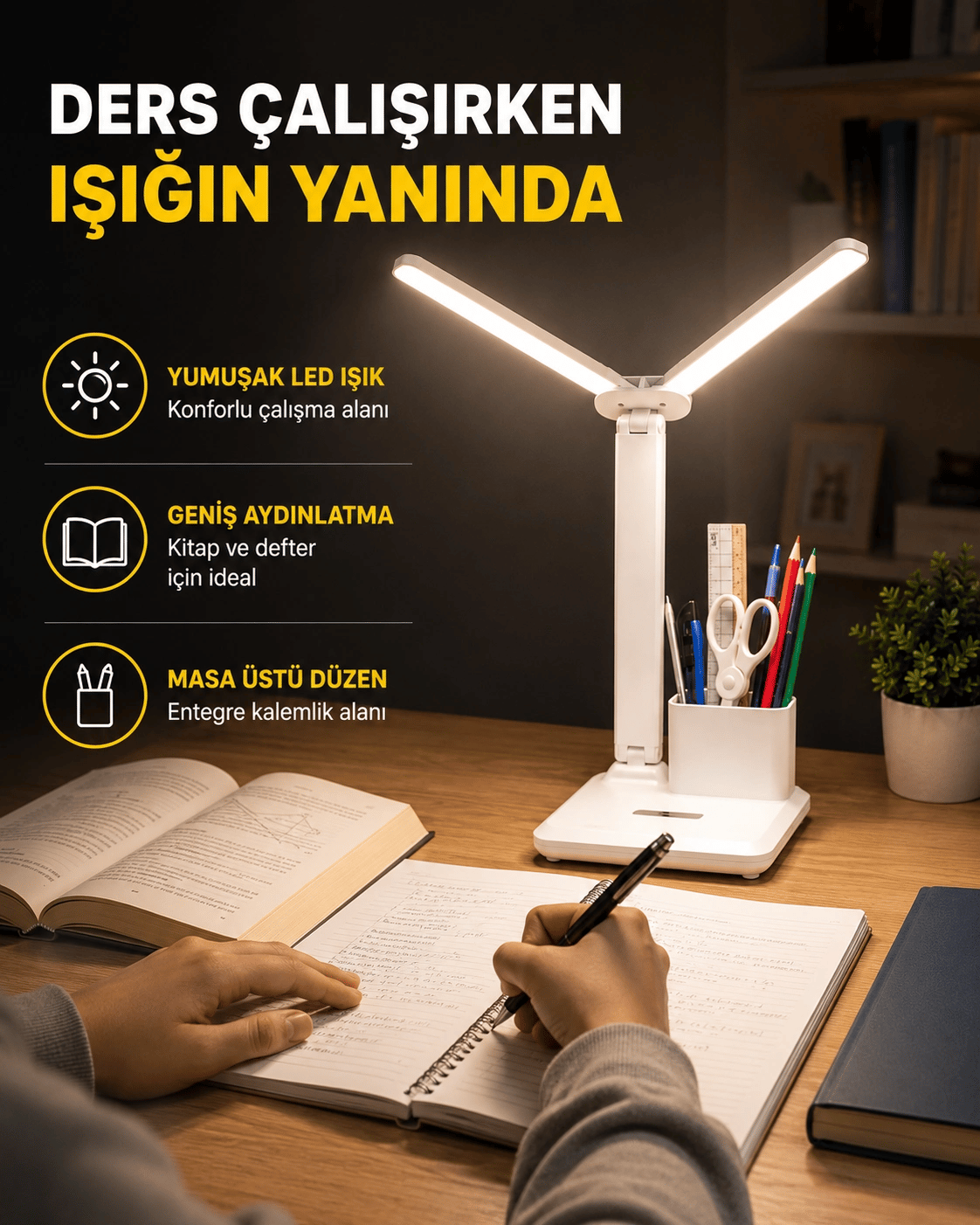 Kalemlik ve Telefon Standlı Masa Lambası – Kısılabilir LED Işık, Göz Dostu Tasarım Yeni Nesil