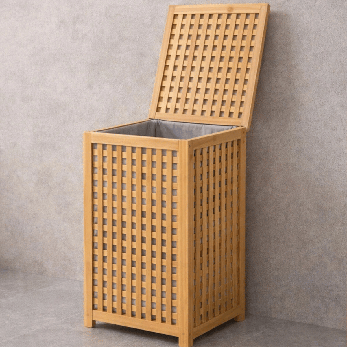 Kalın Ahşap Bambu Kirli Çamaşır Sepeti Kumaş Çantalı Sepet=40x40x58cm Bx40