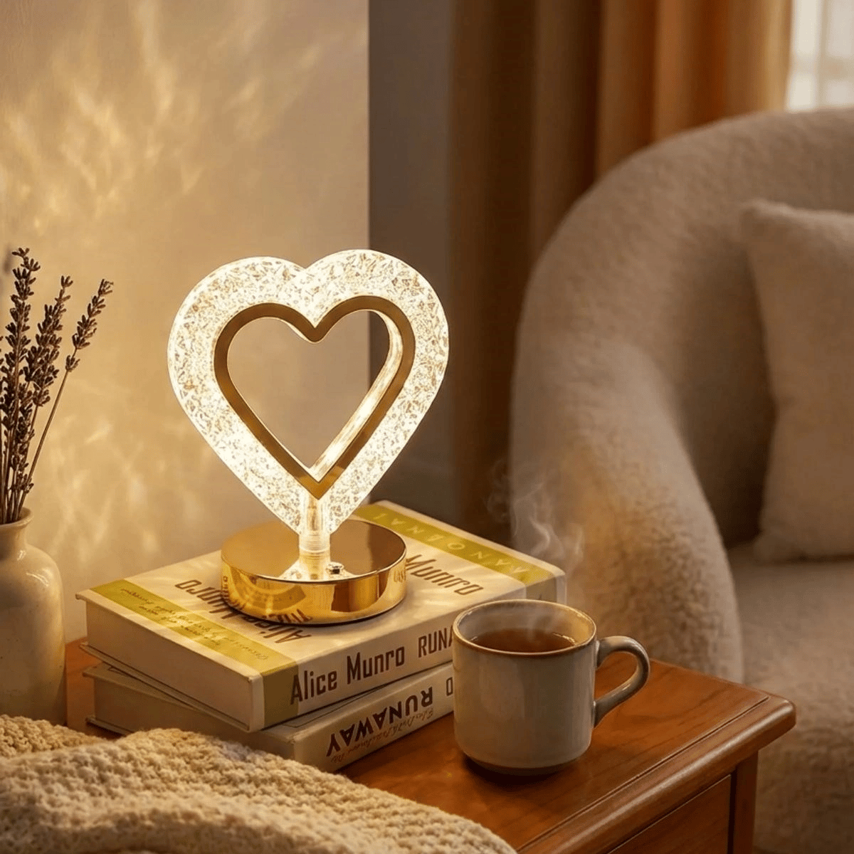 Kalp Şeklinde Kristal Led Masa Lambası – Dokunmatik, 3 Renk Işık Modlu, Şarjlı Mini Dekoratif Gece Lambası Bx40