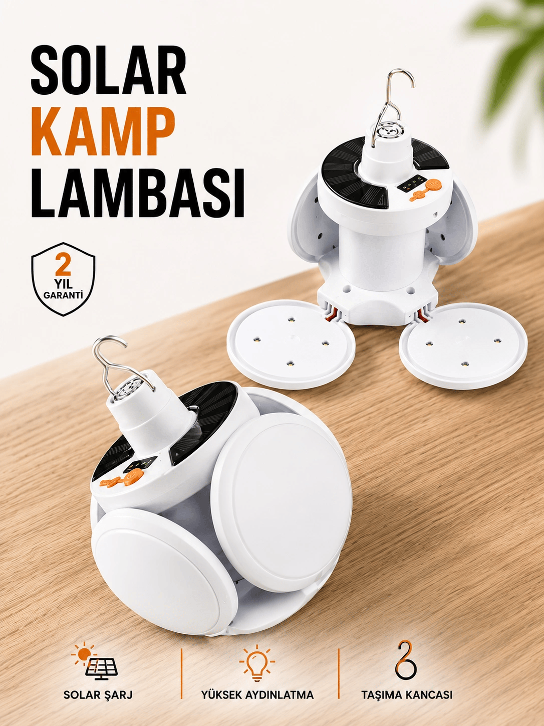 Kamp Lambası Işıldak Beyaz Işık Güneş Enerjili Solar Aydınlatma 5 Kanatlı Katlanabilir