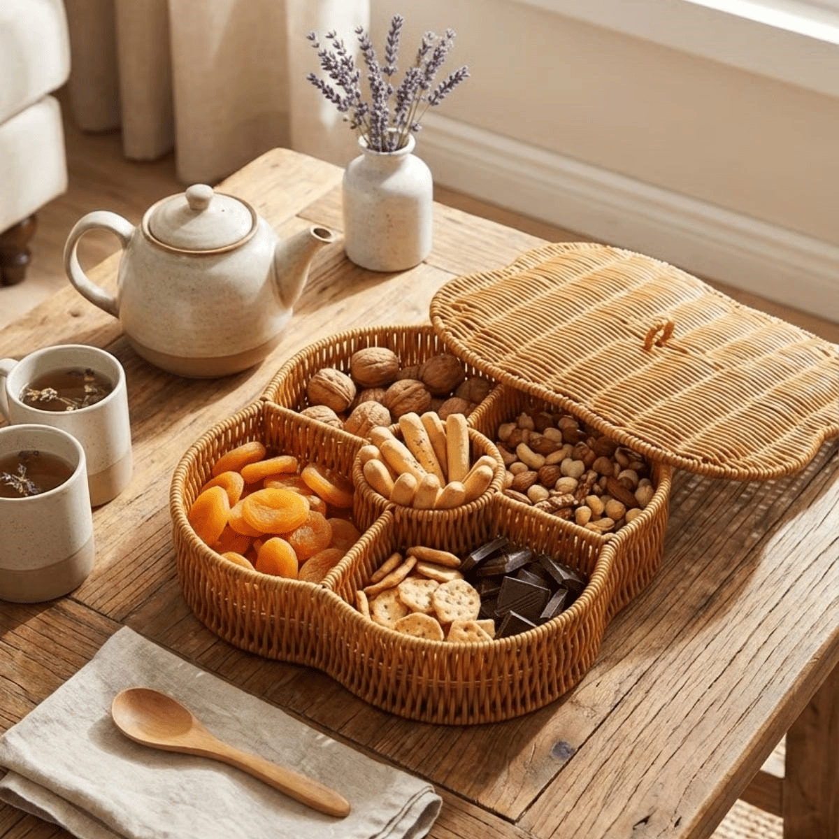 Kapaklı 5 Bölmeli Plastik Rattan Organizer Kutu – Hasır Desenli Çok Amaçlı Saklama Ve Sunum Sepeti Çerezlik Bx40