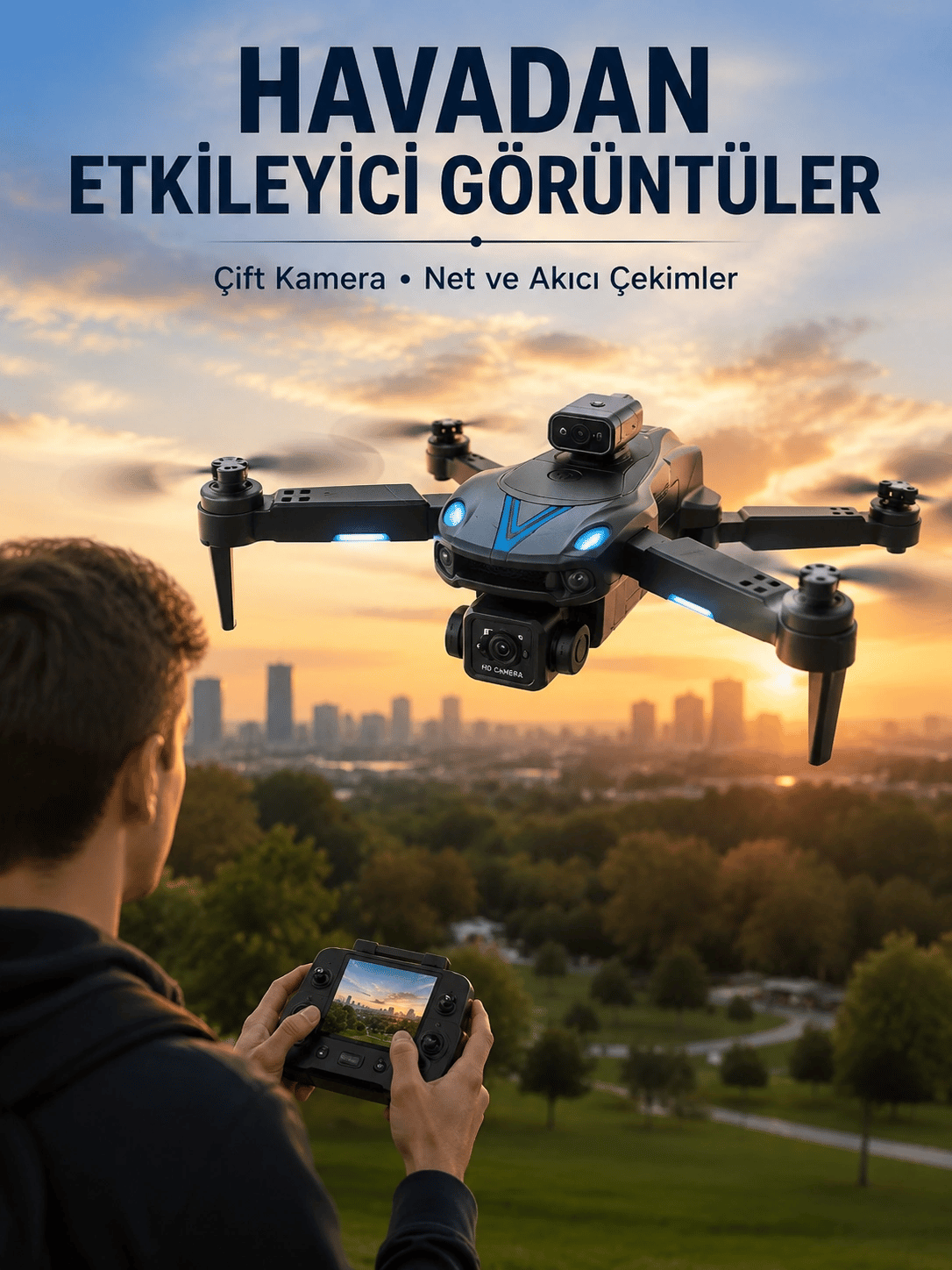 Katlanabilir Çift Kameralı Drone Uzaktan Kumandalı Hava Aracı