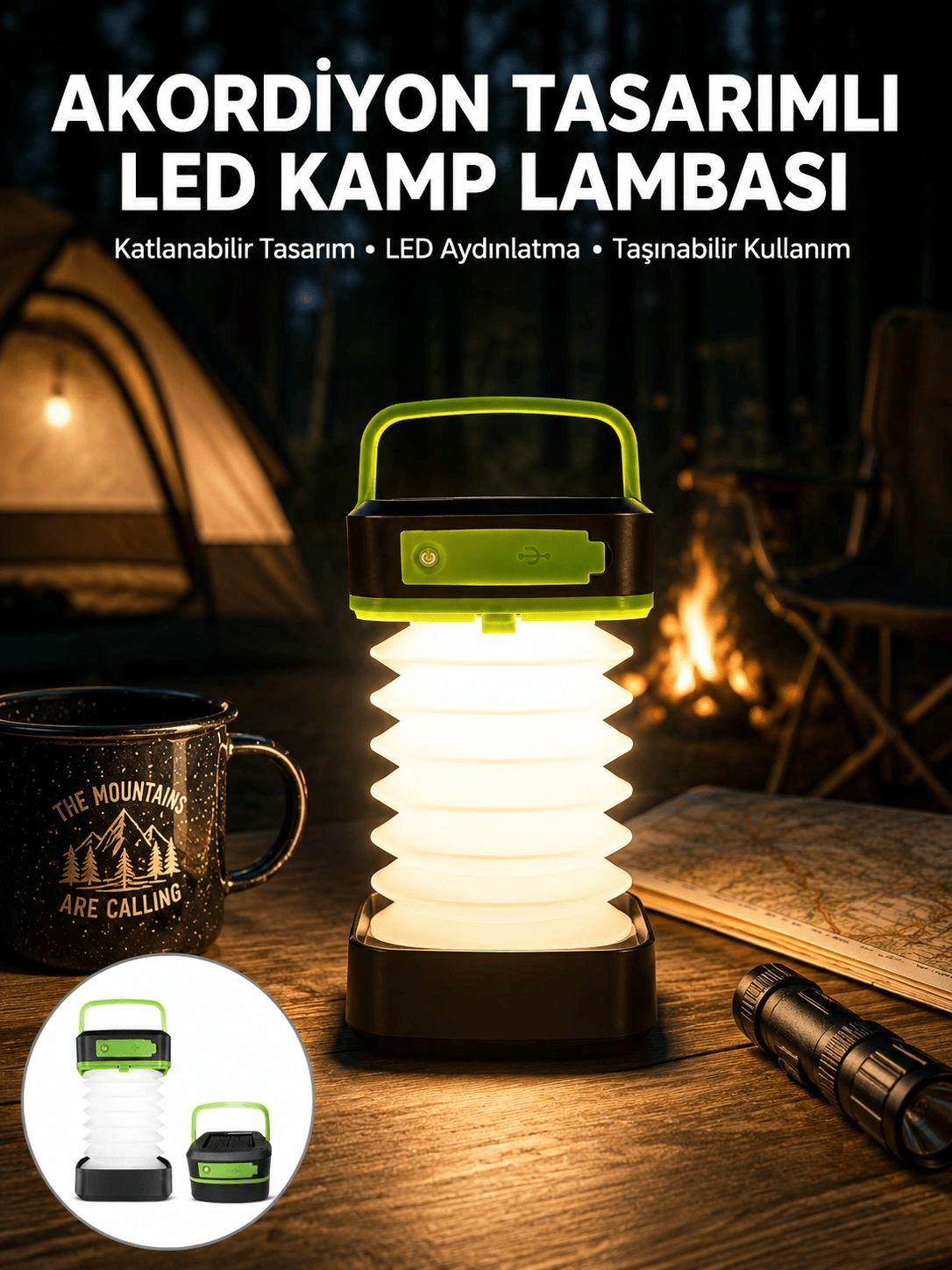 Katlanabilir Kamp Lambası Akordiyon Lamba Şarjlı 3 Kademeli Solar Yeni Nesil