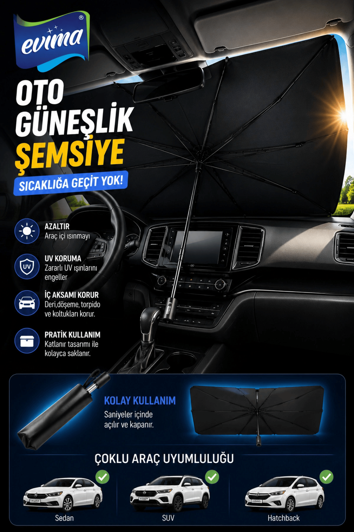 Katlanabilir Oto Güneşlik Şemsiye 75x140 cm UV Korumalı Ön Cam Gölgelik Aksesuarı