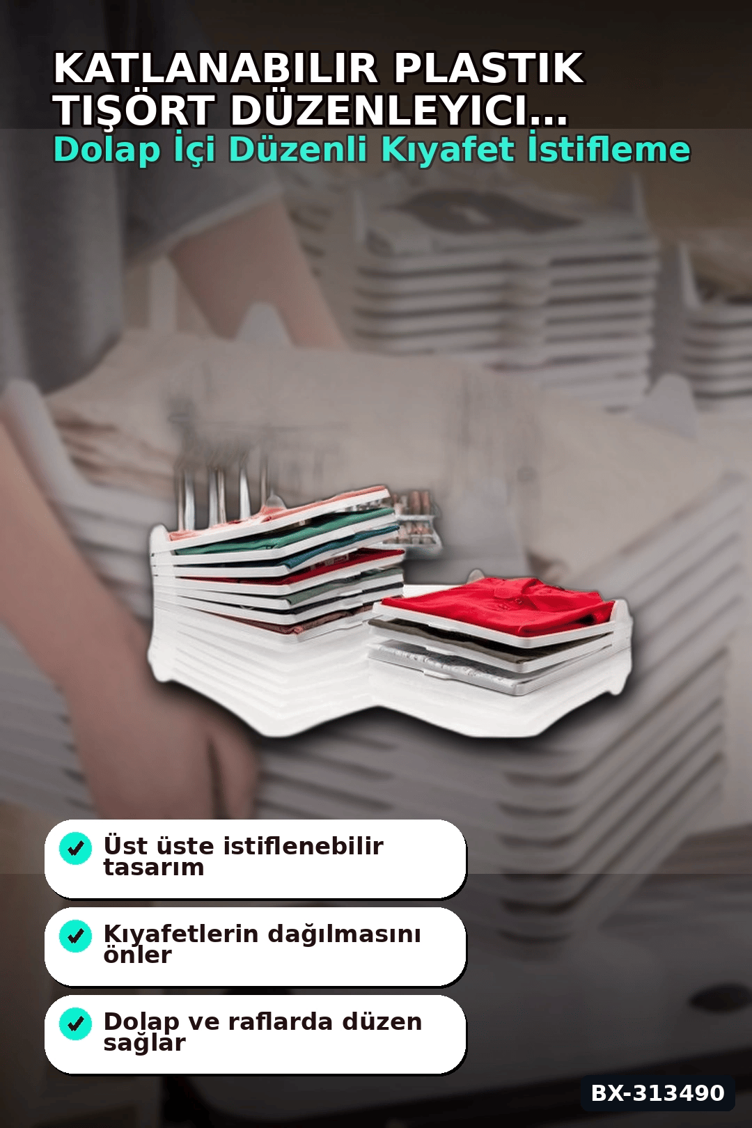 Katlanabilir Plastik Tişört Düzenleyici Aparat - 1 Adet, Dolap İçi Organizer BX-313490