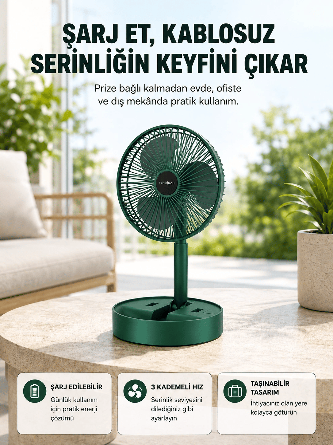 Katlanabilir Şarjlı Mini Fan 3 Kademeli Hız Ayarlı Taşınabilir