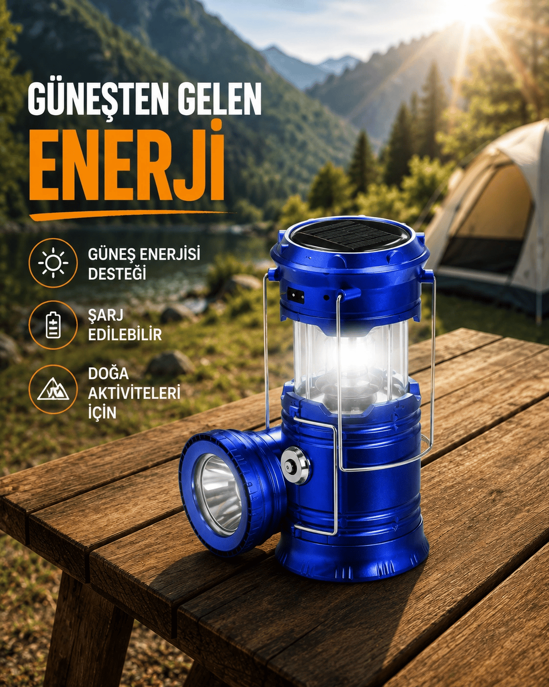 Katlanabilir USB Çıkışlı Kamp Feneri – Şarj Edilebilir, Dayanıklı ve Çok Fonksiyonlu