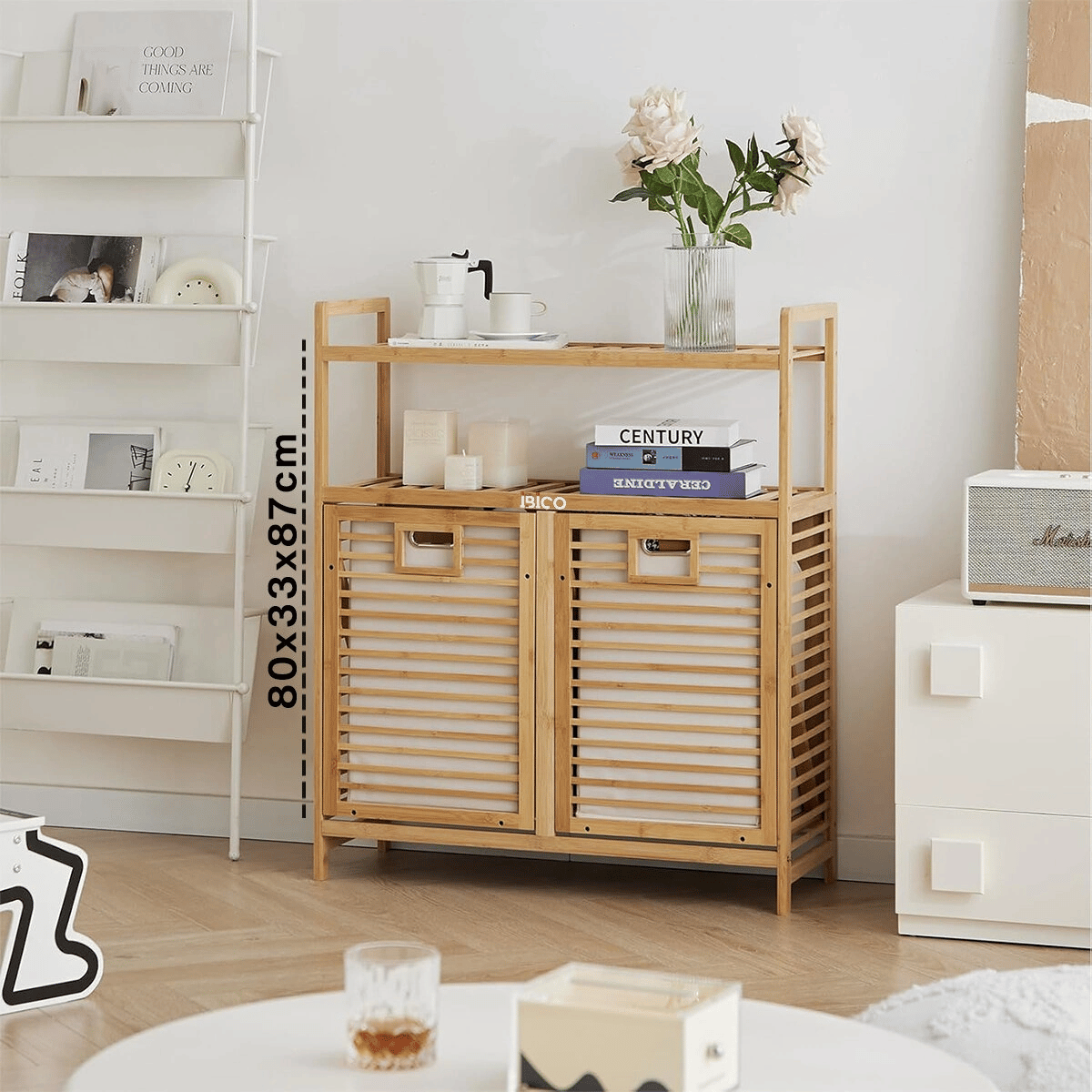 Kirli 2 Kat Organizer Raflı - 2 Bölmeli Önden Çek Aç Kalın Ahşap Bambu Kirli Çamaşır Sepeti 80x33x87cm Bx40