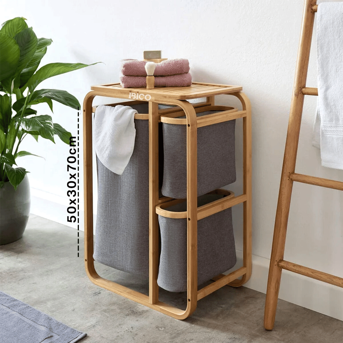 Kirli Çamaşır Sepeti Ahşap - Bambu 3 Organizer Bölmeli Kumaş Çantalı 50x30x70cm Bx40