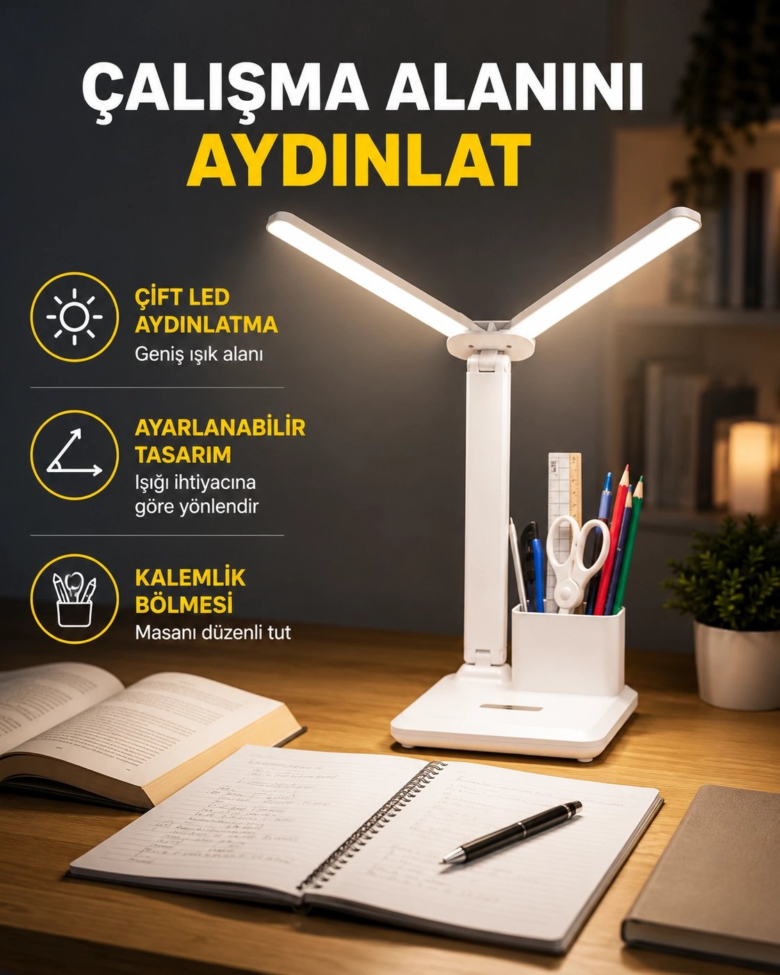 Kısılabilir LED Masa Lambası – Kalemlik ve Telefon Standlı, Göz Yormayan Işık Yeni Nesil