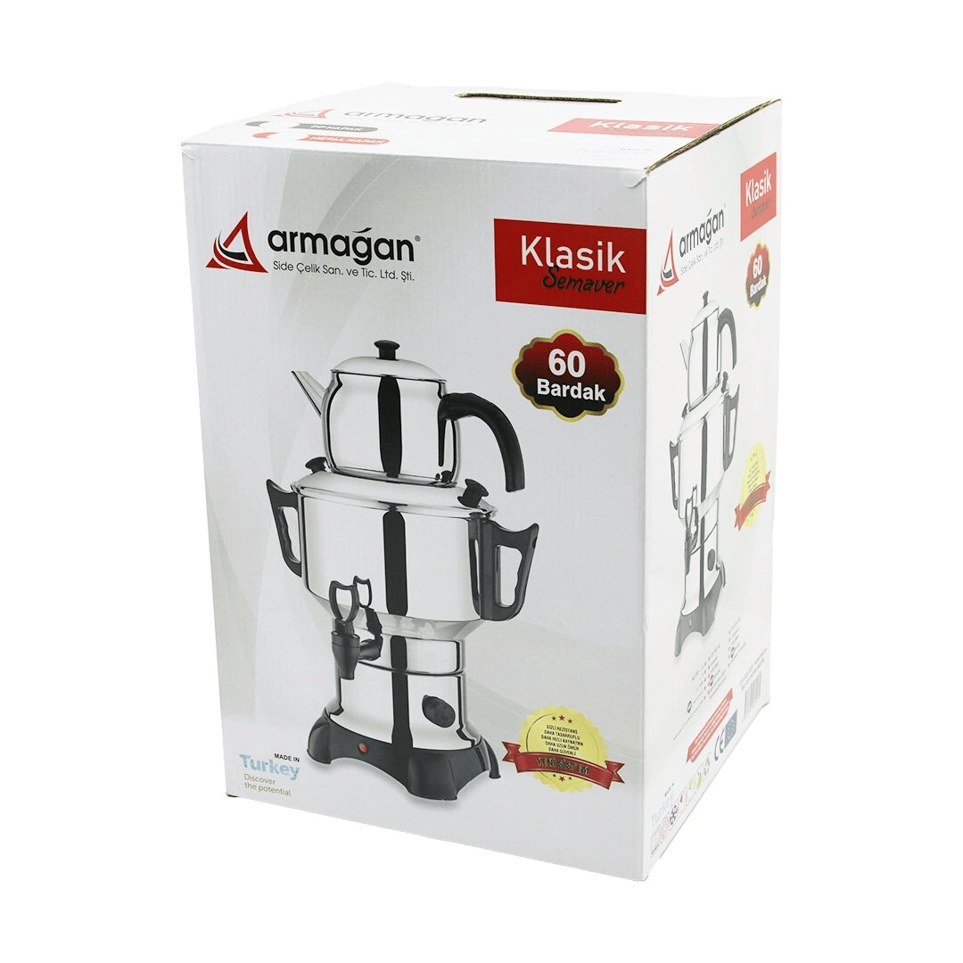 Klasik Çay Seti=demlik - Su Kazanı Elektrikli Semaver 60 Bardak 6lt - Tek Musluk 1500w Gizli Rezistans Bx40