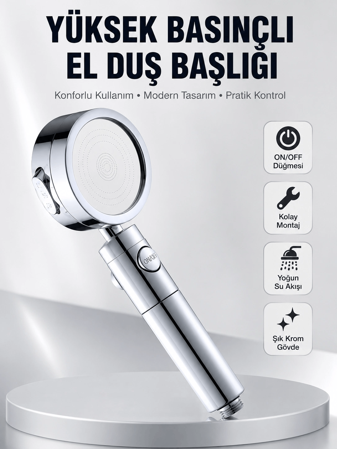 Kolay Montajlı 3 Modlu Yüksek Basınç Duş Başlığı