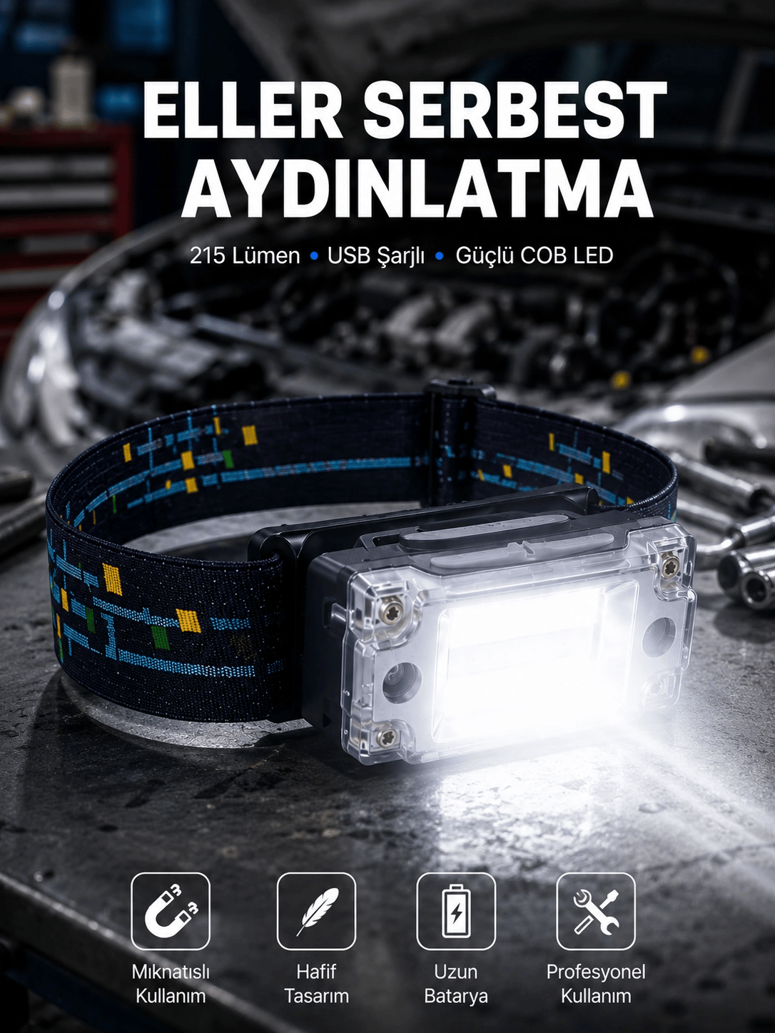 Kompakt LED Kafs Feneri USB Şarjlı Manyetik 2 Işık Modlu 215 Lümen Yeni Nesil