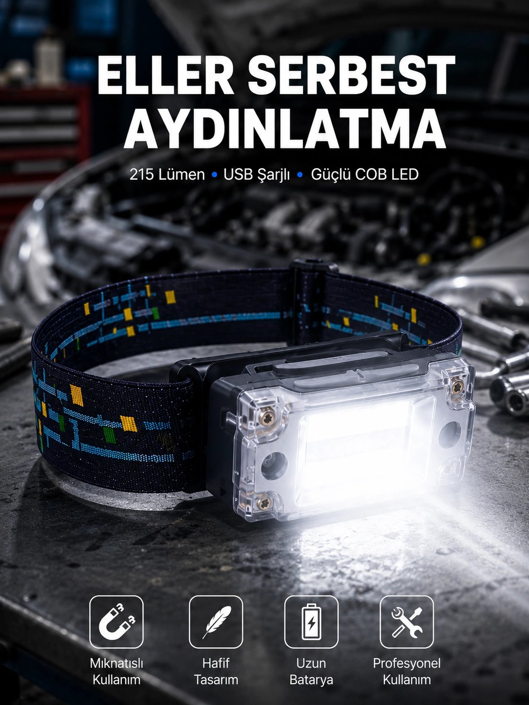 Kompakt LED Kafs Feneri USB Şarjlı Manyetik 2 Işık Modlu 215 Lümen Yeni Nesil