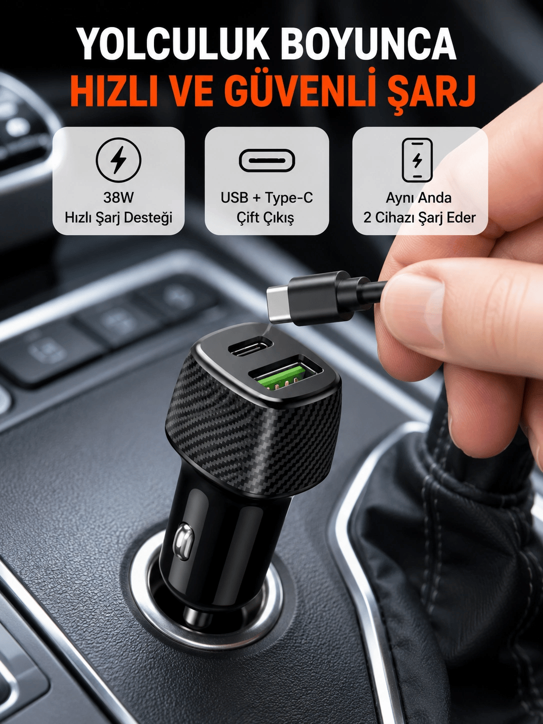 Kompakt Tasarımlı Type-C + USB Girişli Araç Şarj Başlığı