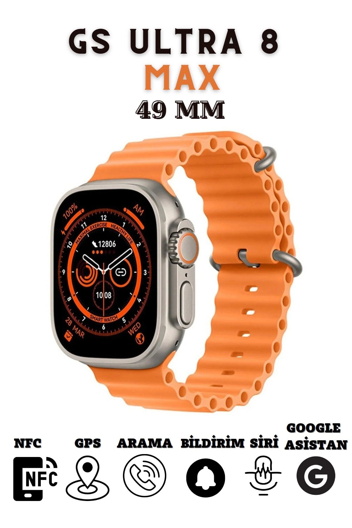 Kordon Kilitli Vidalı 49mm Ekranlı, Nabız ve Uyku Takibi Özellikli, Suya Dayanıklı Akıllı Saat