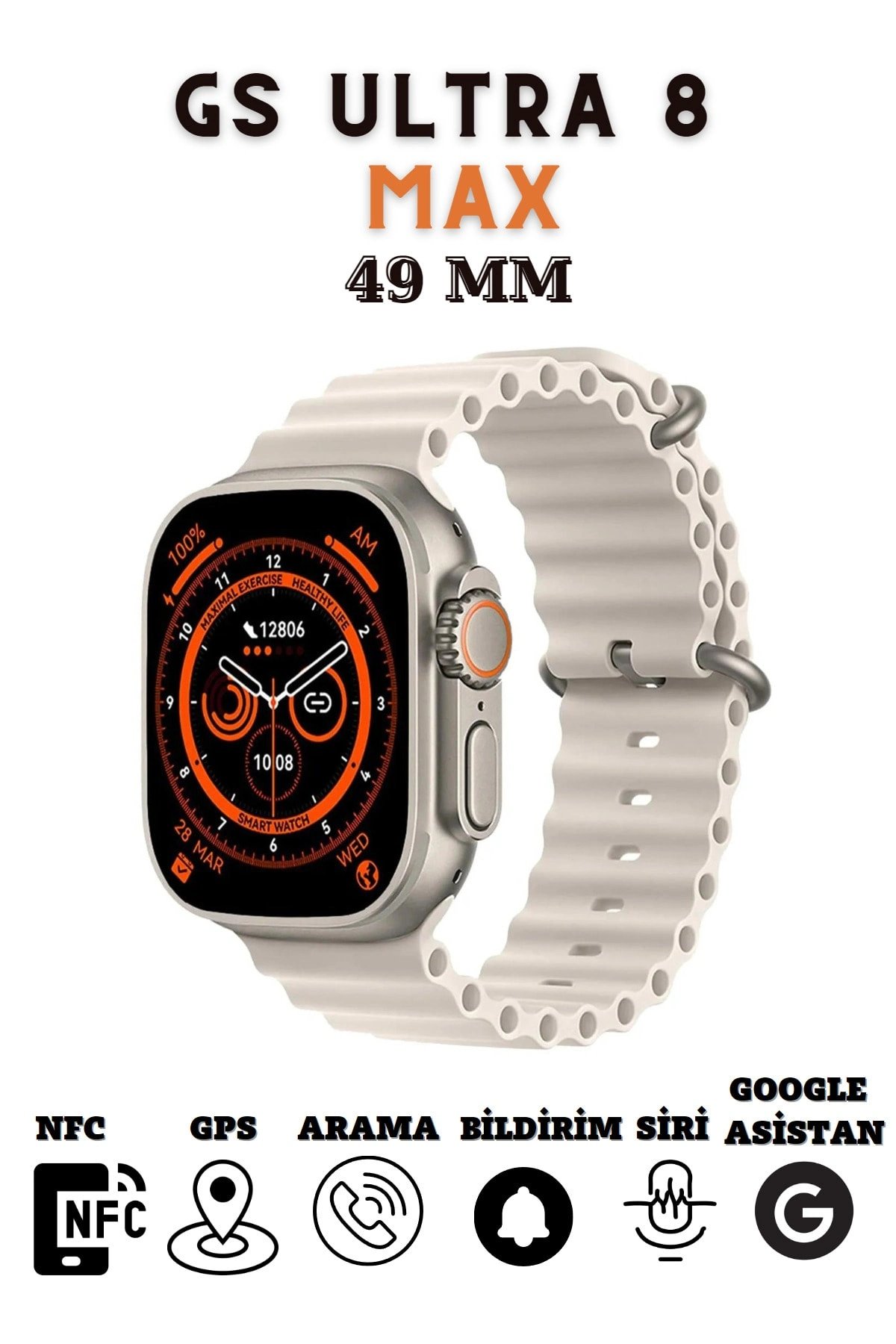 Kordon Kilitli Vidalı Gri Akıllı Saat, 49mm Kasa, 2.08 İnç Ekran, Nabız ve Uyku Takibi Özellikli