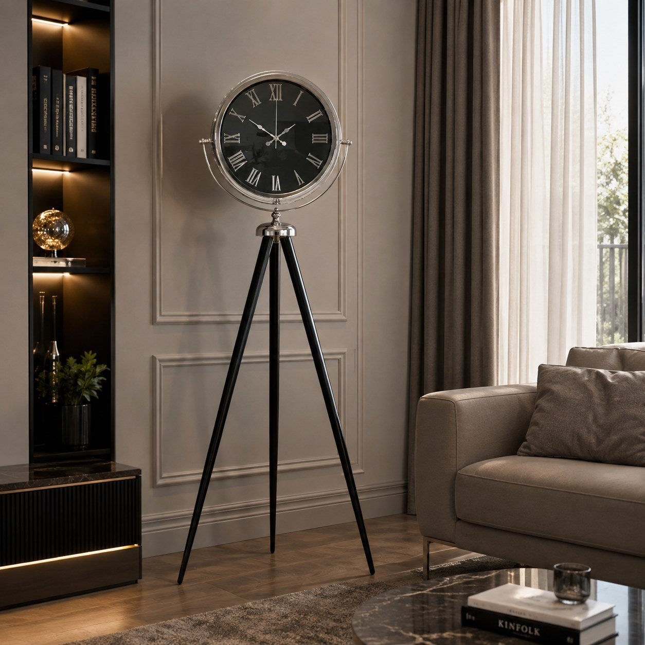 Krom Siyah İnci Aynalı Tripod 150 x 45 Cm Ayaklı Saat