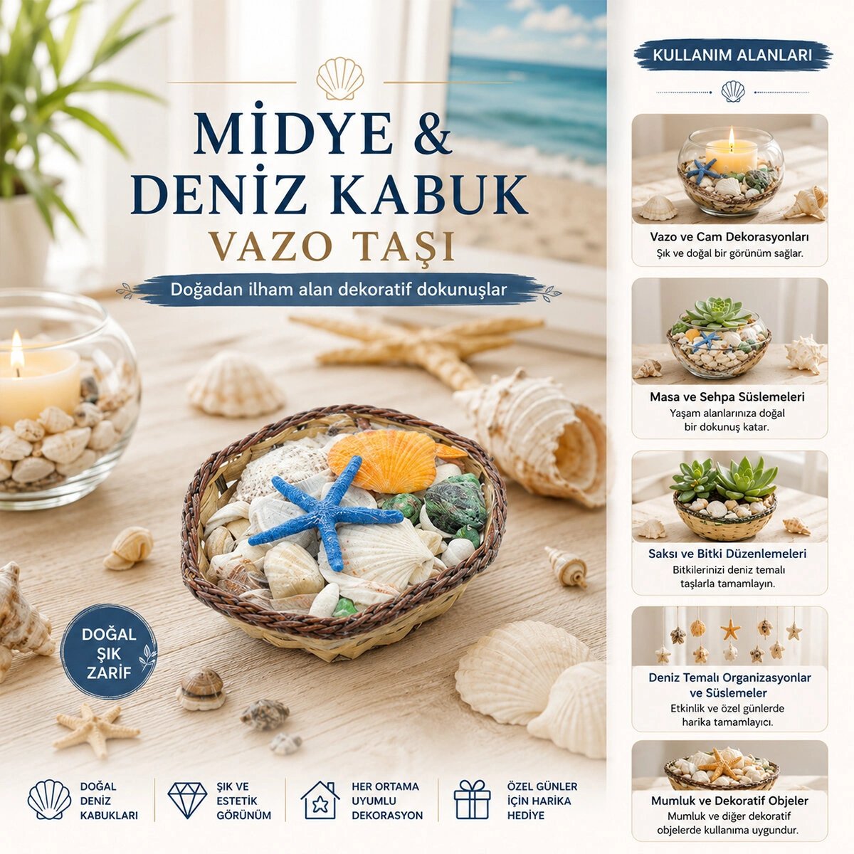 Küçük - Kare - Ahşap Sepetli Renkli Mix Midye - Deniz Kabuk Vazo Taşı Bx40