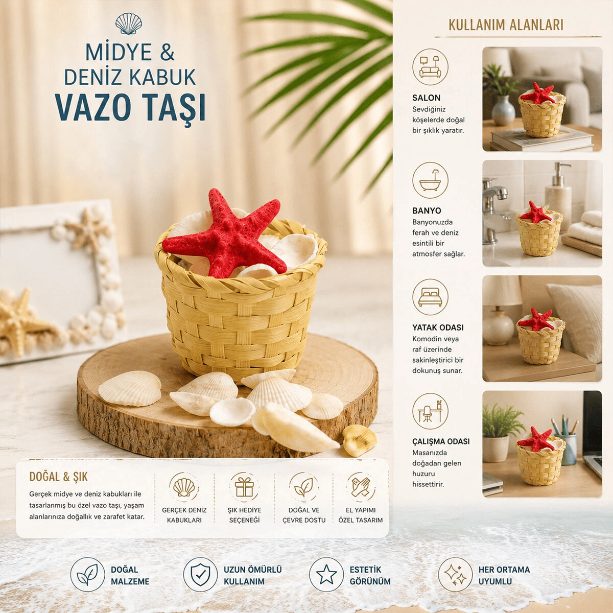 Küçük - Yuvarlak - Ahşap Sepetli Renkli Mix Midye - Deniz Kabuk Vazo Taşı Bx40