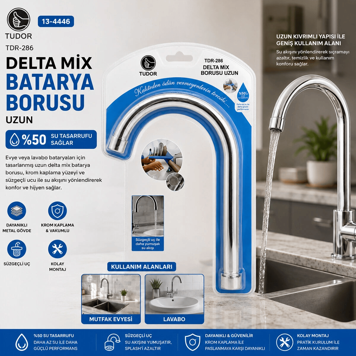 Kuğu Evye - Lavabo Uzun Delta Mix Batarya Borusu Krom Kaplama - Vakumlu - Süzgeçli Uç Bx40