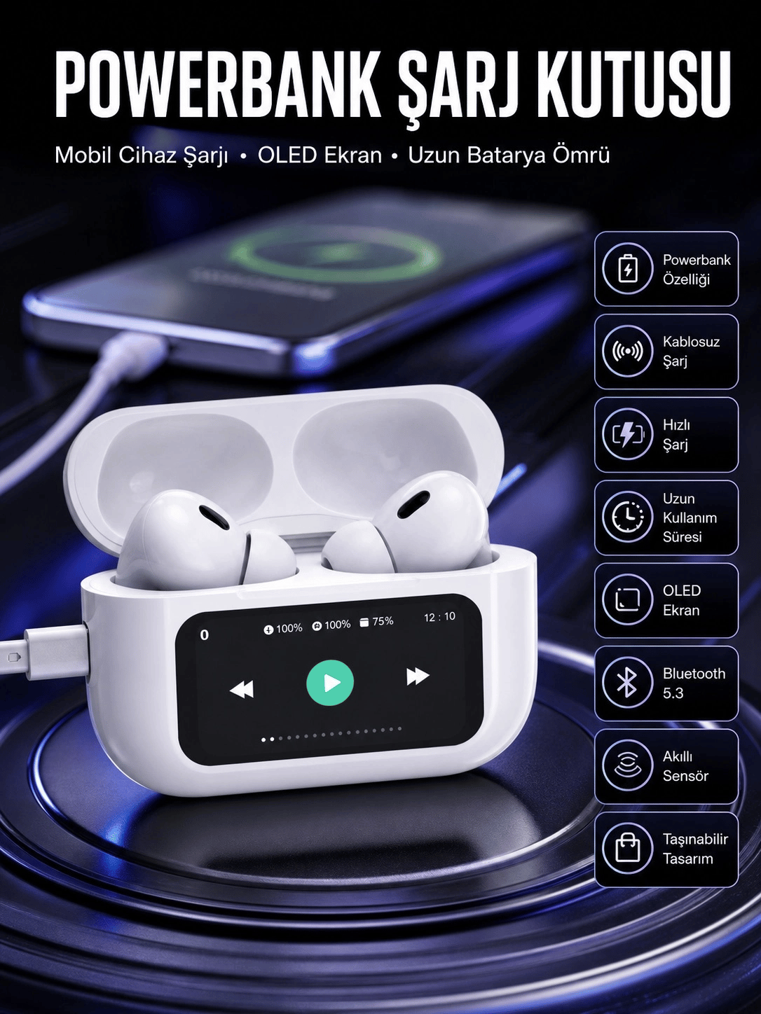 Kulak İçi Bluetooth Kulaklık Ekranlı Müzik Dinleme Çağrı Cevaplama Siyah Yeni Nesil