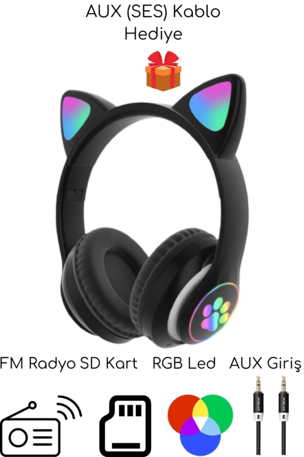 Kulak üstü Bluetooth 5.0 gri kedili kulaklık mikrofonlu FM radyo SD kart AUX RGB ışıklı