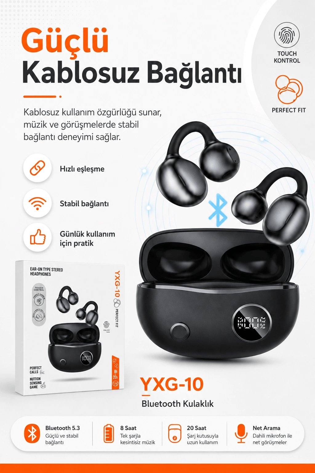 Kulak Üstü Klipsli Kablosuz Stereo Kulaklık Dokunmatik Kontrollü Şarj Kutulu