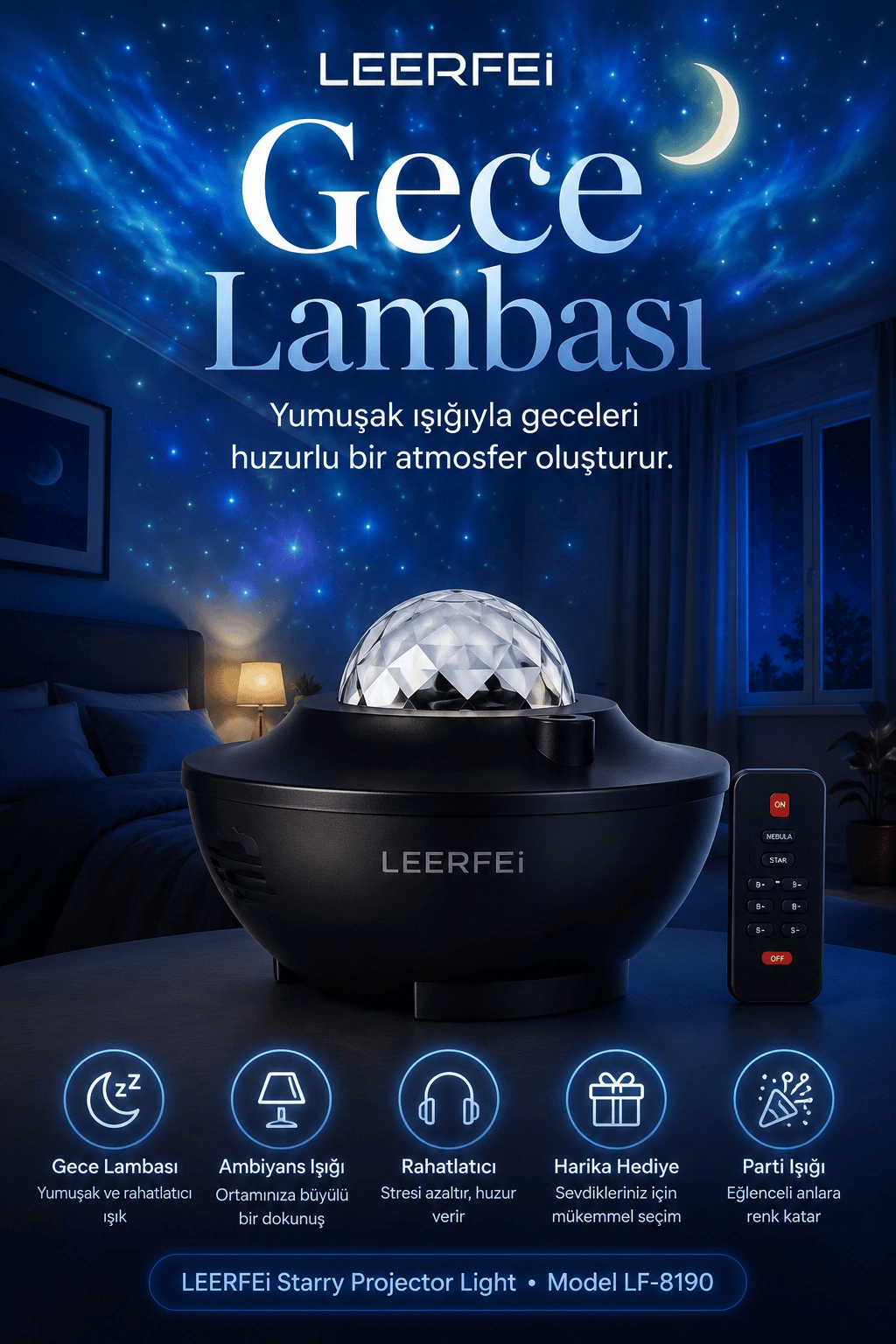 Kumandalı Galaksi Yıldız Projektör Gece Lambası FM Radyolu Parti Işığı Özellikli