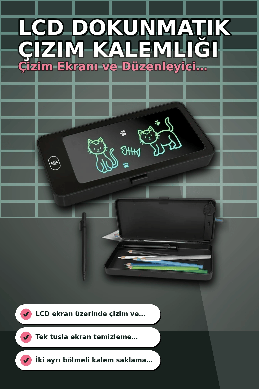 LCD Dokunmatik Çizim Kalemliği Siyah - 2 Bölmeli Kalemlik, Eğitici Çocuk Oyuncak BX-313442