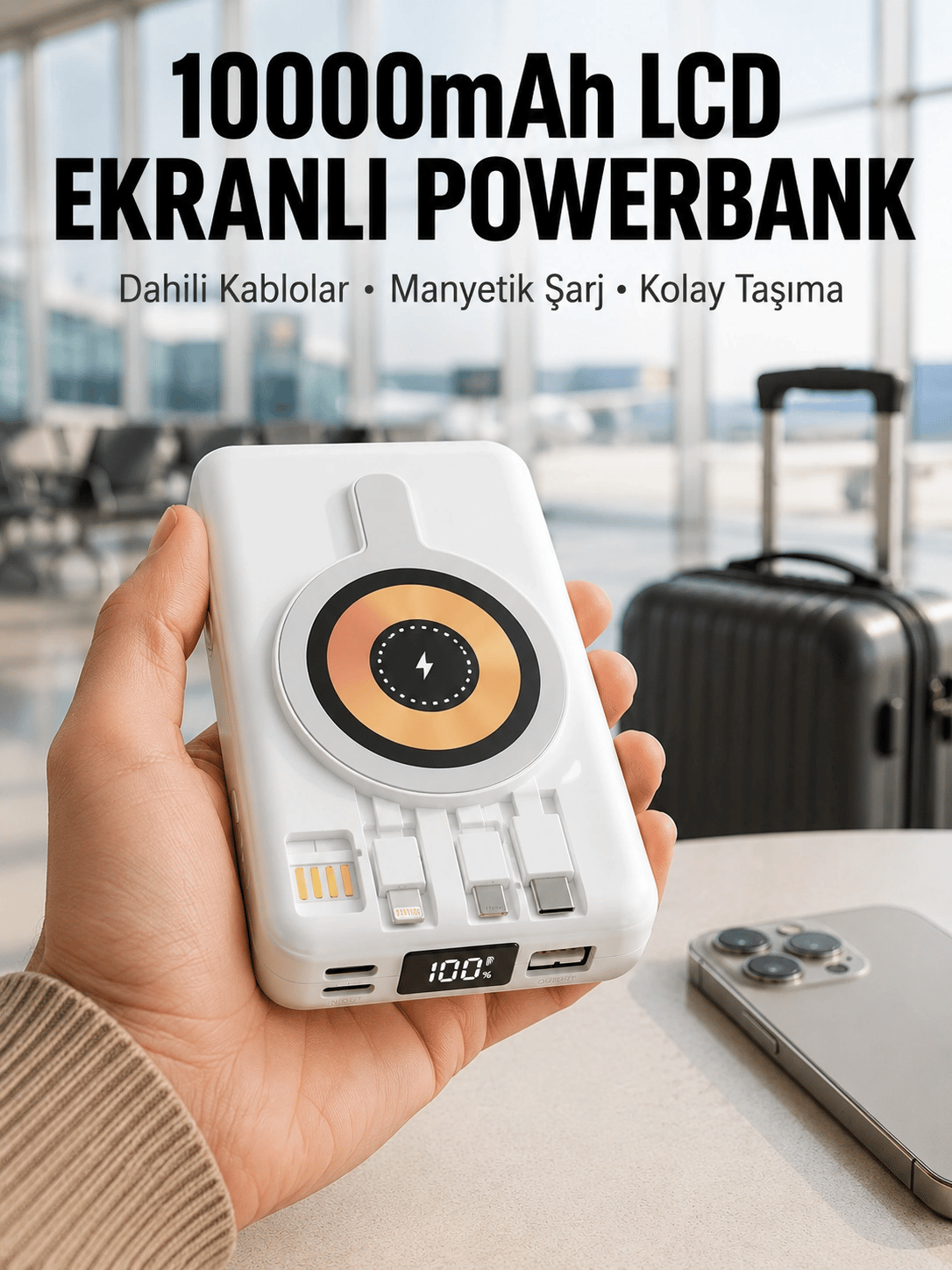 LCD Göstergeli Manyetik Powerbank Type C USB Girişli Yeni Nesil
