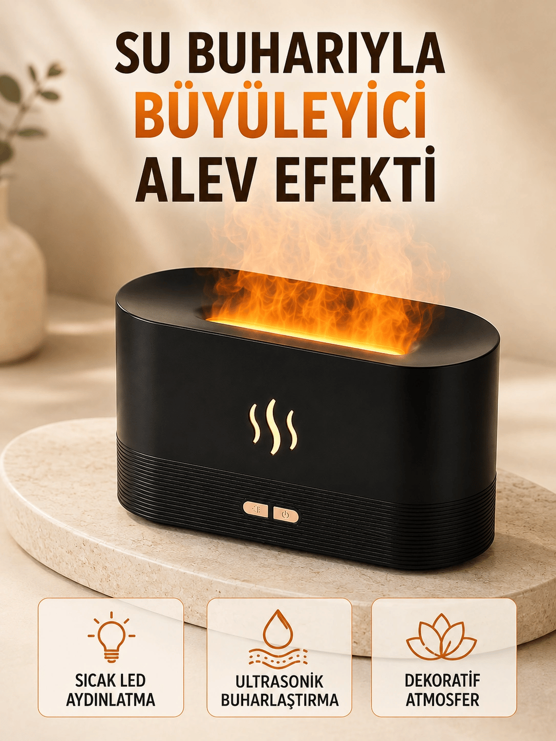 LED Alev Efektli Hava Nemlendirici 9 12 Saat Kullanımlı Aroma Difüzörü