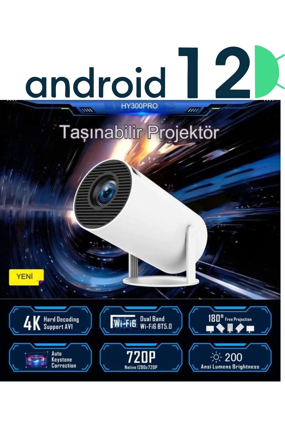 LED FULL HD projeksiyon cihazı 1280x720 çözünürlük 200 ansilümen 3000:1 kontrast beyaz