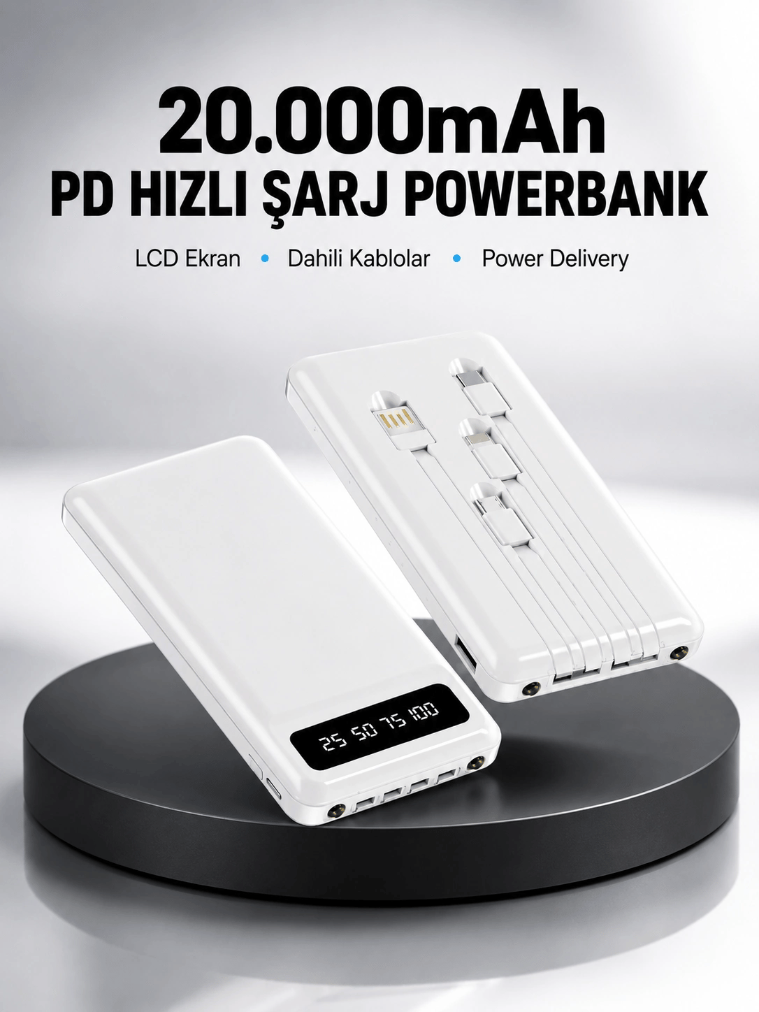 LED Işıklı 20.000mAh Powerbank LCD Gösterge Dahili Çoklu Kablo Yeni Nesil