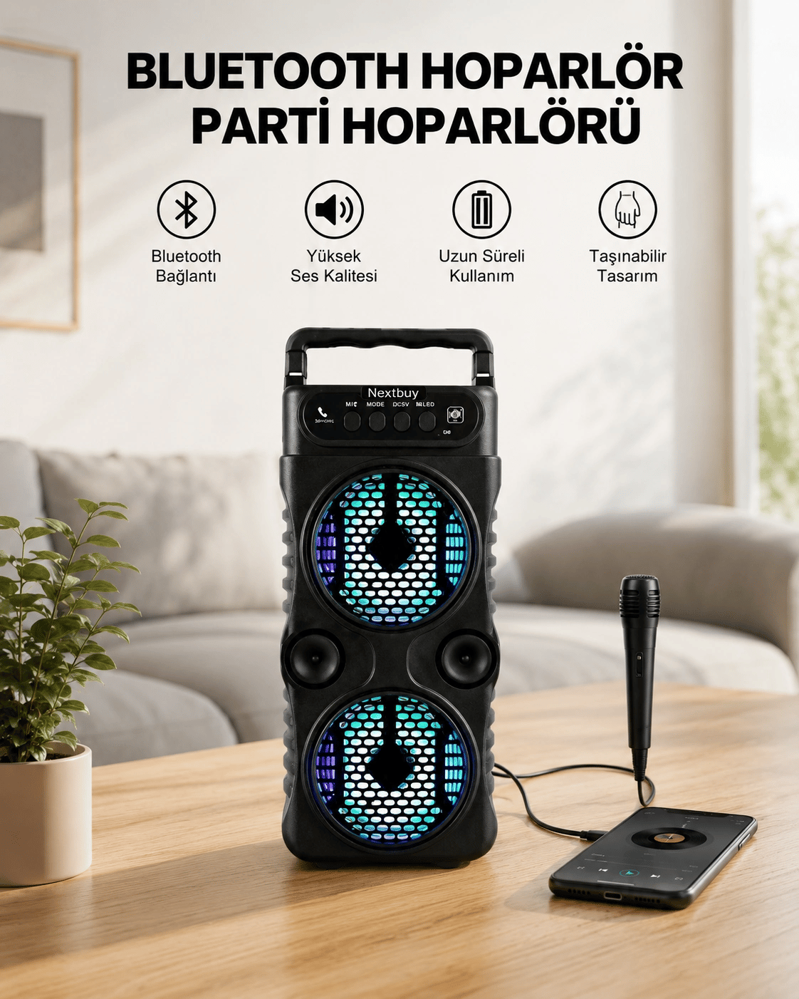 LED Işıklı Kablosuz Bluetooth Hoparlör Yüksek Ses Güçlü Bas Performansı Taşınabilir Şarjlı