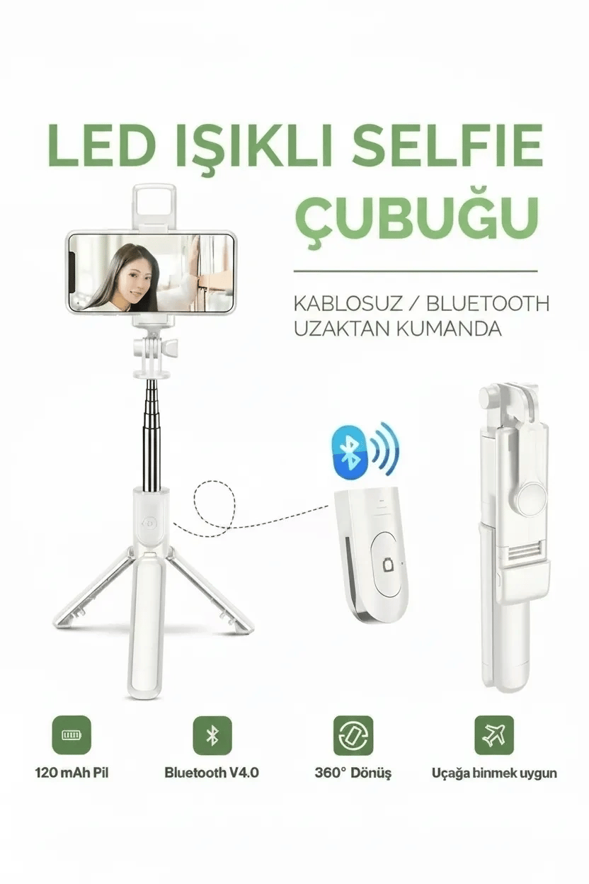 Led Işıklı Selfie Çubuğu Bluetooth Kumandalı Kablosuz Tripot Selfie Monopod Selfie Stick (Beyaz)