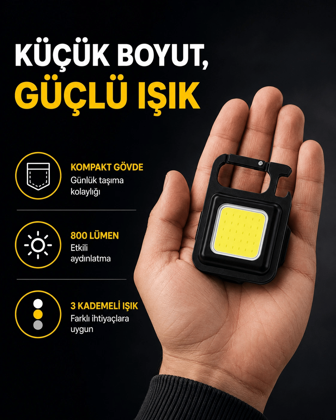 LED Mini Anahtarlık Fener – 1000 Lümen Güçlü Işık ve USB Type-C Şarjlı Yeni Nesil