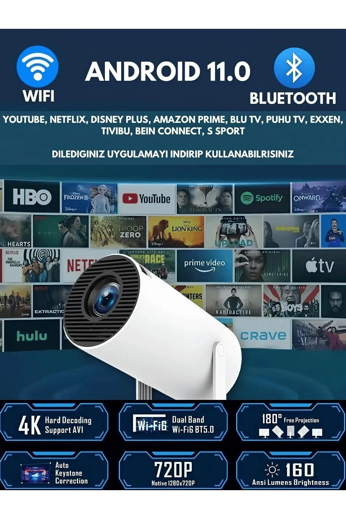LED projeksiyon cihazı 4K çözünürlük 100000:1 kontrast Bluetooth Android 11 WiFi beyaz