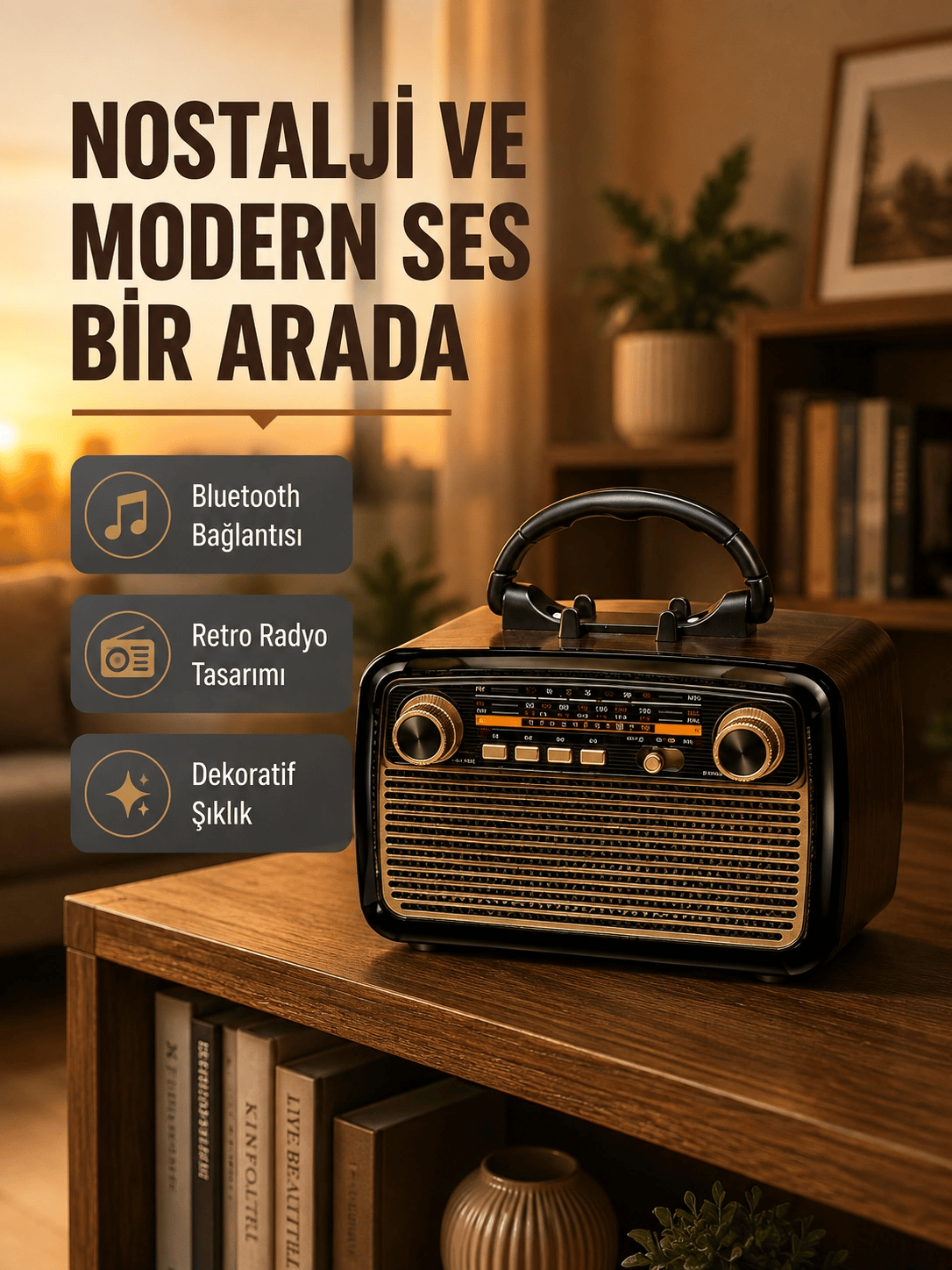 LED’li Nostaljik Bluetooth Hoparlör – Vintage Tasarım, Ahşap Doku