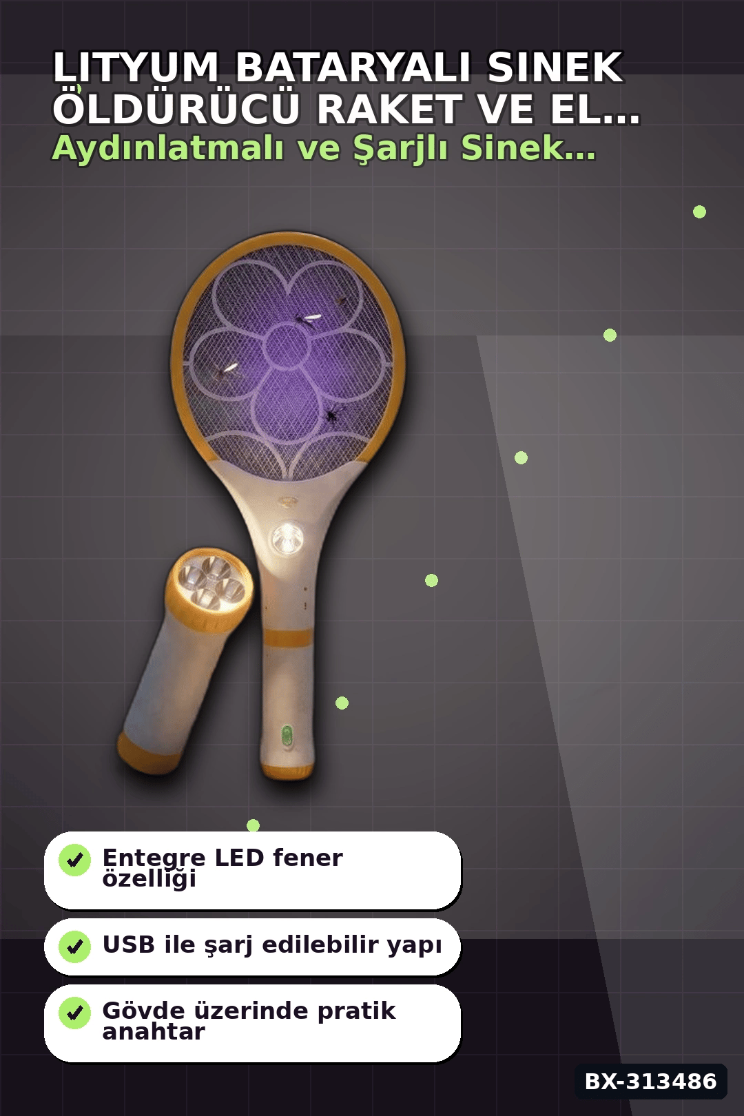 Lityum Bataryalı Sinek Öldürücü Raket - El Feneri ve LED Işıklı, 1 Adet BX-313486