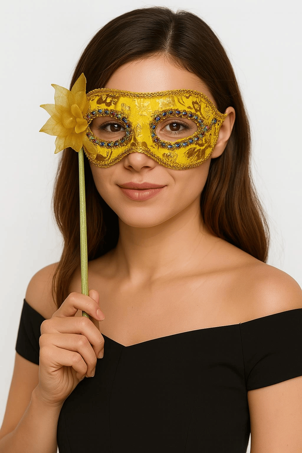 Lüks Taşlı Saplı Maskeli Balo Maskesi Altın Renk 35 Cm Bx40